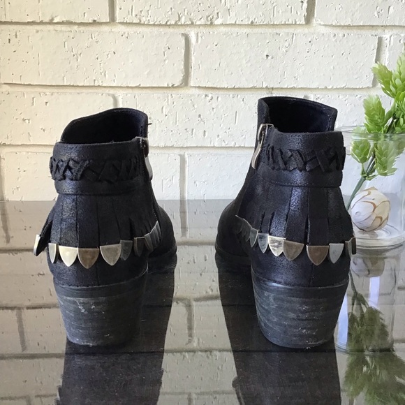 Okeysi Black Suede Metal Fringe Ankle Booties - Picture 4 of 12
